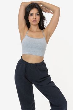 Women's Tops – Los Angeles Apparel Stretch Cotton Cami Halter Top, Stretch Cotton Halter Cami Top, Casual Cami Sports Bra With Stretch, Basic Stretch Racerback Camisole, Casual Stretch Cami Sports Bra, Fitted Cami Crop Top Athleisure, Fitted Cami Crop Top In Athleisure Style, Fitted Casual Sports Bra With Spaghetti Straps, Fitted Cotton Sports Bra With Adjustable Straps