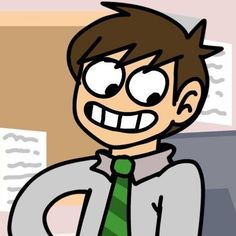 a cartoon man wearing a green tie and white shirt with his hands on his hips