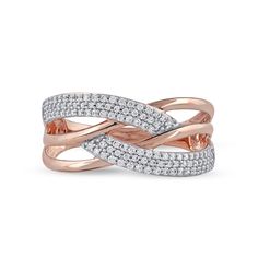 Prepare to dazzle the room when you wear this mesmerizing diamond double-row woven ring in rose gold. Fashioned in 14K rose gold Double diamond-lined ribbons cross over and under a pair of curved polished ribbons in a woven design. This split-shank ring captivates with 1/3 ct. t.w. of diamonds. Diamond Pendants Designs, Woven Ring, Jewellery Design Sketches, Crossover Ring, Fancy Jewellery Designs, Split Shank Ring, Infinity Jewelry, Diamond Pendants, Fancy Rings