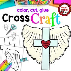 cross craft with crayons, scissors and markers on the table next to it