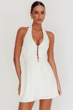 Elisabet Halter Neck Mini Dress Off White by Selfie Leslie Halter Neck Mini Dress, Spring Date, Mini Dress Fashion, Split Maxi Dress, Grad Dresses, Ruffle Mini Dress, Jewelry Model, Iron Material, Halterneck Dress