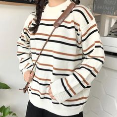 Beautiful Simple Stripe Sweater Casual Comfortable Sweater It Will Be Your Favorite Sunday Night Sweater White Casual Everyday Sweater, Casual White Everyday Sweater, Stripe Knit Sweater, Comfortable Sweater, White Crew Neck, Black Yoga, Crop Top Bra, Sunday Night, Knitting Women Sweater