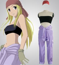 an anime character is wearing purple pants and a cropped top with long blonde hair