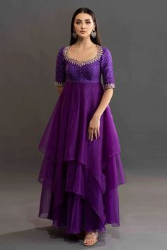 Buy Kavitha Gutta Purple Organza Hitha Layered Anarkali Online | Aza Fashions Kavitha Gutta, Frock Models, Simple Frock Design, Long Frock Designs, Simple Frocks, Frock For Women