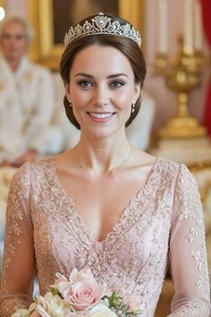 a woman wearing a tiara and holding a bouquet