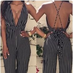 This Romper Has A Very Low V-Neck Back Out Very Flattering And Comfortable To Wear Black V-neck Summer Jumpsuits And Rompers, Striped V-neck Jumpsuits And Rompers For Summer, Summer V-neck Fitted Jumpsuits And Rompers, Black V-neck Jumpsuits And Rompers For Spring, Backless Black Jumpsuits And Rompers For Spring, Black Backless Jumpsuits And Rompers For Spring, Black Backless Jumpsuit For Spring, Black V-neck Summer Jumpsuit, Summer V-neck Jumpsuits And Rompers For Going Out