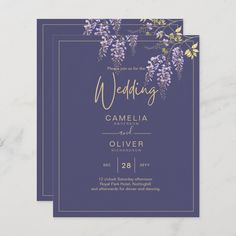 purple and gold floral wedding card