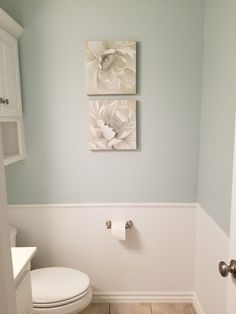 a white toilet sitting in a bathroom next to a wall with pictures on the wall