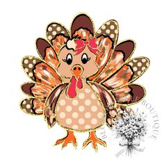 a cartoon turkey with polka dots on it's head and an orange bow around its neck