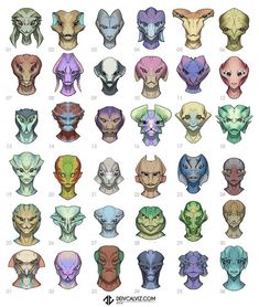 an image of various alien heads in different colors and sizes, all with different faces