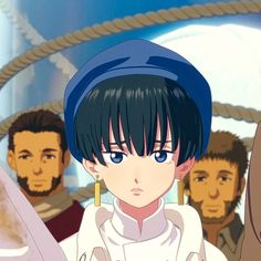 an anime character with short black hair and blue eyes stands in front of other characters