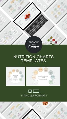 a bunch of different web pages with the text nutrition chart templates on top of them