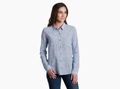 Adele LS in Women's Long Sleeve | KÜHL Clothing Stripes Texture, Pin Stripe, Layered Tops, Easy Going, The Trail, Adele, Denim Button Up, Women Long Sleeve, Button Up Shirts