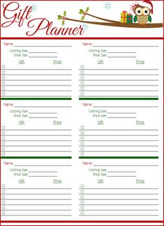 a printable christmas gift planner with an owl sitting on a tree branch and presents