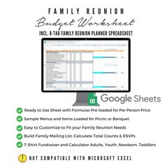 the family reunion budget worksheet is displayed on a computer screen with google sheets