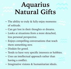 the aquarius natural gifts list on a blue background with white stars and clouds in the sky