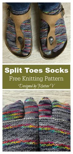 a pair of knitted slippers with text overlay that reads, split toes socks free knitting pattern