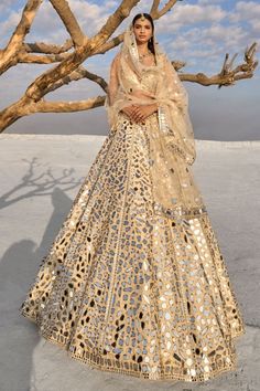 Beige bridal indian wedding heavy mirror embroidered lehenga with choli blouse and mesh dupatta sangeet mehendi designer lengha by LabelSnigdhaKapoor on Etsy Cream Mirror, Seema Gujral, Organza Bridal, Mirror Work Lehenga, Raw Silk Lehenga, Choli Blouse, Work Lehenga, Padded Blouse, Red Lehenga