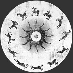 an old black and white image of horses running in the same direction on a circular plate