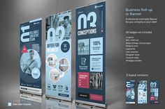 three roll up banners with the words business re - up or banner design on them