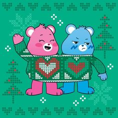 two teddy bears are standing next to each other wearing sweaters with hearts on them