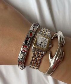 Italian Charm Bracelet Outfit, Italian Charm Bracelet Stack, Italian Bracelets Aesthetic, Jewellery Silver Aesthetic, Jewellery Stacks Silver, Silver Watch Stack, Popular Jewelry Trends 2024, Jewelry Stack Silver, Watches Women Aesthetic