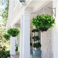 three potted plants hanging from the side of a white house with porch railings