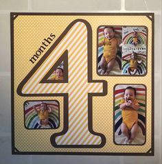 a birthday card with four pictures of babys and the number four in brown, yellow and white