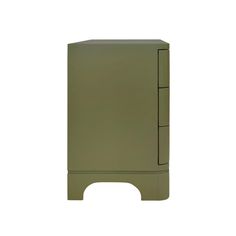 an olive green cabinet with two drawers