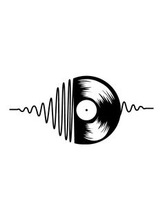 a vinyl record with an equal sound wave on the front and center, in black and white