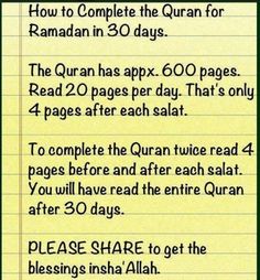 a piece of lined paper with instructions on how to complete the quran for rama in 30 days