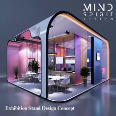 an exhibition stand design concept with tables and chairs