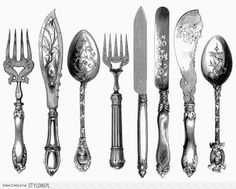 an assortment of antique silverware including forks, knives and spoons with floral designs