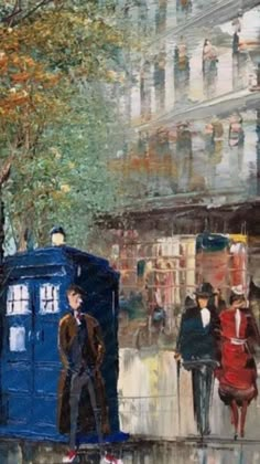 a painting of people walking in the rain next to a blue phone booth on a city street