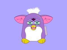 a purple bird wearing goggles and a white t - shirt with the word's name