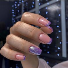 Nail Ideas Nail Polish, Sparkly French Tip Nails, French Nails Glitter, Purple Glitter Nails, Lavender Nails, Simple Gel Nails, French Acrylic Nails, Cute Gel Nails, Bride Nails