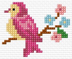 a cross stitch pattern of a pink bird with two blue flowers on it's back