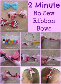 the instructions for how to make two minute no sew ribbon bow hair clips in pink and