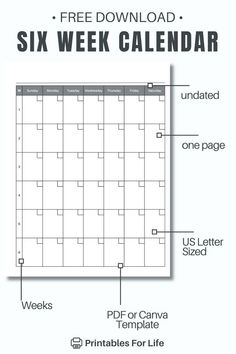 the printable six week calendar is shown