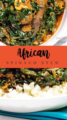 an african dish with spinach and white rice