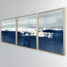 "Coastal Landscape" has been one of Benson-Cobb's top-selling works since it was released in 2012. Deep indigo blues graduating to light blues and grays and accented by textured crisp whites, "Coastal Landscape" is the focal point in any room. "Coastal Landscape" is also available as a set of 3 (triptych) canvas reproduction. Abstract Painting Acrylic Modern, Tropical Painting, Acrylic Art Projects, Deep Indigo, Beach Water, Coastal Landscape, Abstract Landscape Painting, Surf Art