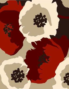 red and white flowers are on a brown, beige, and black background that looks like an abstract painting