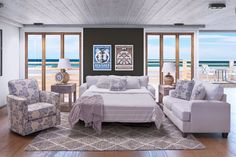 a living room filled with furniture next to a large open window covered in wood planks