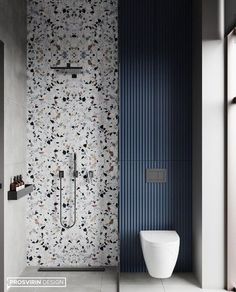 a bathroom with black and white tiles on the wall, toilet and shower head in the corner