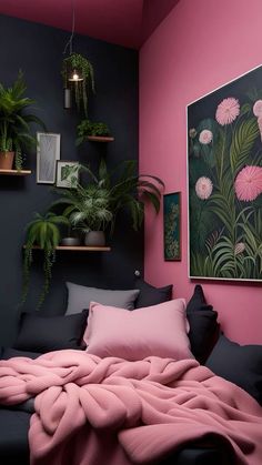 a pink and black bedroom with plants on the wall