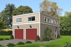 a two story garage with three windows on the side