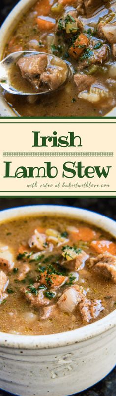 a bowl of irish lamb stew with carrots and broccoli on the side