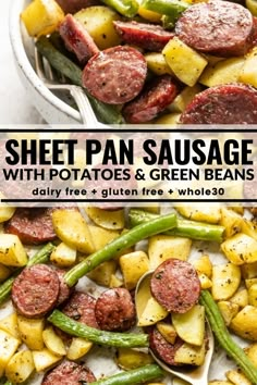 sheet pan sausage with potatoes and green beans is shown in the bottom right hand corner