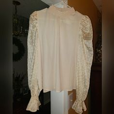 Nwt Jealous Tomato Boutique Blouse With Puff Sleeves, Cinch Neck With Key Hole Button In Back, Has Silver Detail On Sleeves, Blush Color,Sz Medium Feminine Puff Sleeve Tops For Night Out, Feminine Formal Top With Lantern Sleeves, Elegant Beige Puff Sleeve Top, Elegant Beige Lantern Sleeve Top, Feminine Beige Blouse With Lantern Sleeves, Beige Puff Sleeve Top For Party, Elegant Tops With Sheer Sleeves For Brunch, Chic Beige Top With Sheer Sleeves, Feminine Beige Puff Sleeve Blouse