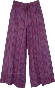 A pair of purple-toned cotton wide-leg pants. With a drawstring waist, these pants ensure absolute comfort - it's made from one piece fabric(rather than patches) and are wide-leg as they come down to the hem. #tlb #SplitSkirtsPants #Striped #BohemianPants Purple Wide Leg Pants For Spring, Purple Wide Leg Full Length Pants For Summer, Summer Purple Wide Leg Pants, Casual Wide-leg Purple Pants, Casual Purple Wide-leg Pants, Summer Purple Cotton Wide Leg Pants, Purple Cotton Wide Leg Pants For Summer, Purple Cotton Wide Leg Pants For Spring, Spring Purple Wide Leg Pants With Pockets